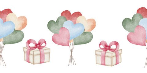 Seamless watercolor border with heart-shaped balloons and gift boxes on red ribbon, ideal for festive birthday banners, romantic Valentine's Day designs, nursery party decorations. White background. © Oksana