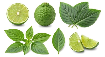 Lime fruits and green leaves on white background for food and ingredient concepts