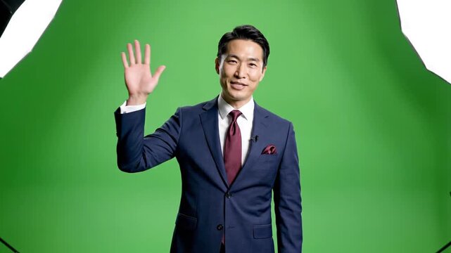 Professional Asian man waving hand on green screen studio background