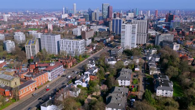 Aerial video of Hagley Road and Edgbaston business district in Birmingham UK. 