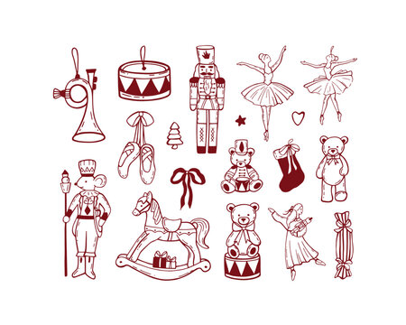 Vintage Christmas whimsical nutcracker illustrations in red color. Line art hand drawn coquette vector doodles set