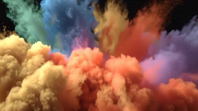 Vibrant colorful powder explosion creating dynamic abstract shapes and energetic movement for artistic backgrounds