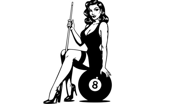 A woman in a black dress sitting on a pool ball with a cue stick