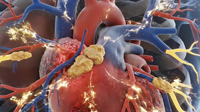 Diseased Human Heart Illustration - This illustration shows a human heart with circulatory system and inflamed tissue. The video represents cardiovascular disease and pain.