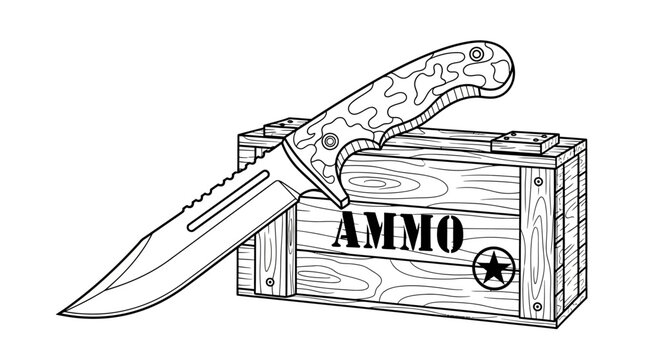 Tactical Knife Resting on Wooden Ammo Crate with Star Emblem