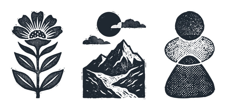 set of stylized nature elements flower mountain sun clouds and abstract human figure
