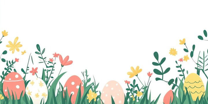 Easter eggs on green grass and flowers border illustration graphics easter.