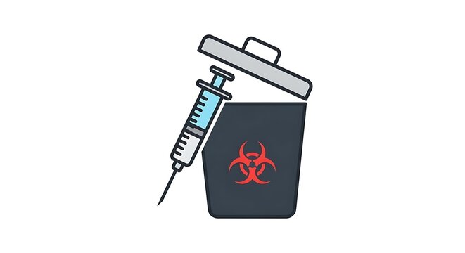 Syringe with needle and biohazard symbol in trash bin representing medical waste disposal and hazardous materials
