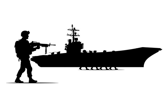 Silhouette of Soldier with Rifle and Aircraft Carrier