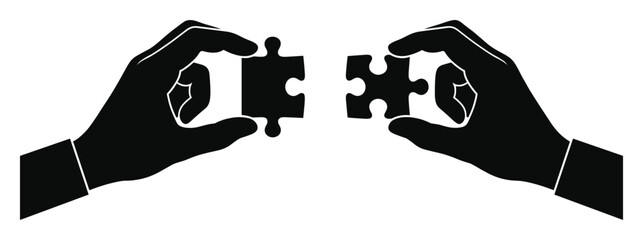 Naklejka premium Black silhouette of two hands holding puzzle pieces, symbolizing connection and problem-solving collaboration