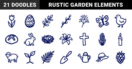 Hand-drawn Easter and spring garden elements for organic branding. Rustic, naive marker sketch illustrations featuring seasonal nature concepts.