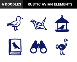 Fototapeta premium Hand-drawn birdwatching and avian elements for nature journals. Rustic naive marker sketch illustrations featuring seagull, crane, and ostrich.