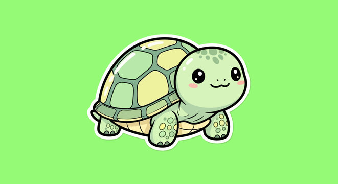 Cute Cartoon Turtle on Green Background