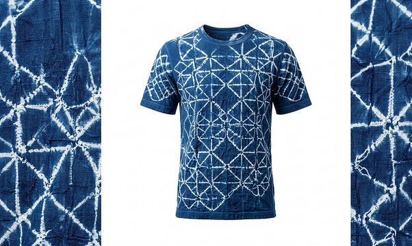 Blue Indigo Shibori Tie-Dye T-Shirt Mockup with Geometric Diamond Pattern and Seamless Textile Swatches