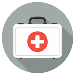 Obraz premium Essential First Aid Kit Medical Supplies Box with Red Cross Symbol Flat Design