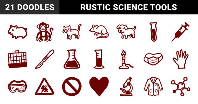 Lab animal research and veterinary science elements for educational branding. Crude hand-drawn marker sketch illustrations featuring biomedical testing concepts.