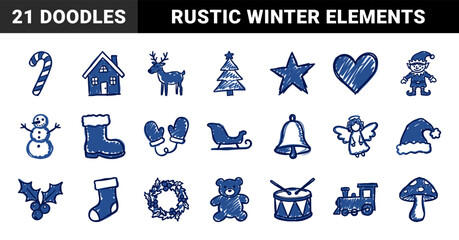 Naklejka premium Hand-drawn Christmas and winter holiday doodles for festive branding. Rustic indigo blue marker sketch illustrations featuring seasonal ornaments.