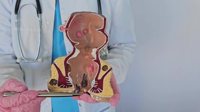 Medical professional holds a model of the human rectum and anus while explaining details during a consultation in a clinic