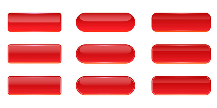 Red glossy button set. 3D UI Red button elements for web design, apps, and interfaces. Blank rectangular and pill-shaped call-to-action templates isolated on white background. Vector illustration.