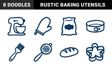 Fototapeta premium Hand-drawn baking and culinary tools for artisanal branding. Rustic, naive marker sketch illustrations featuring kitchen equipment and bread concepts.