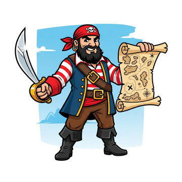 Cartoon Pirate Character Holding Sword and Map.