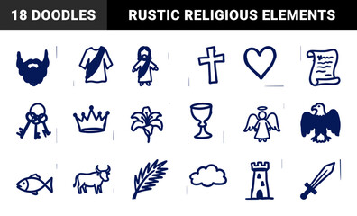 Naklejka premium Hand-drawn Christian religious symbols and biblical motifs in a naive marker sketch style. Rustic blue ink doodles for spiritual branding.