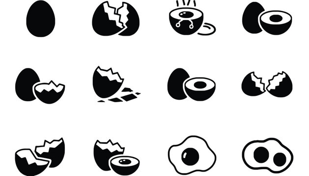 Egg icon set including whole and broken eggs in silhouette style