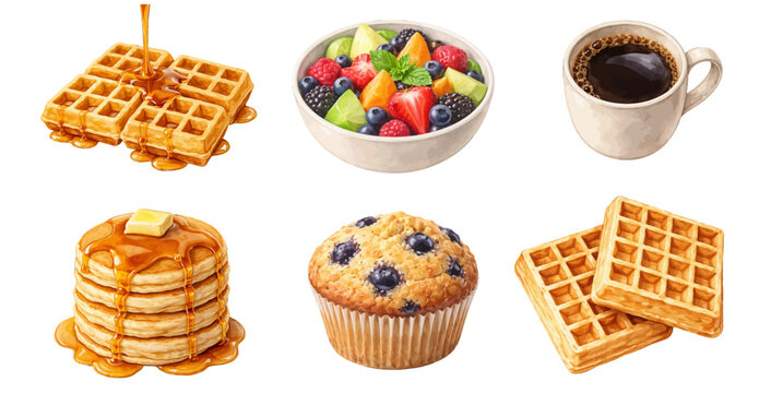 A cozy watercolor breakfast food collection featuring waffles, pancakes with maple syrup, fresh fruit bowl, coffee, and blueberry muffin.
