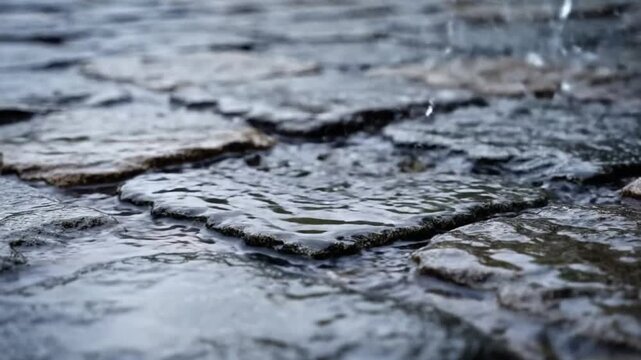 Raindrops creating a splash as they fall onto a wet stone paved pathway with shallow depth of field