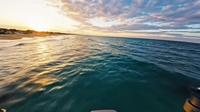 Drone perspective flying over the ocean at sunrise reflecting sunlight on water towards the horizon