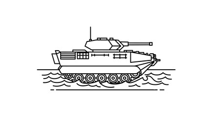 Obraz premium Amphibious Tank Crossing Water - Line Art Illustration