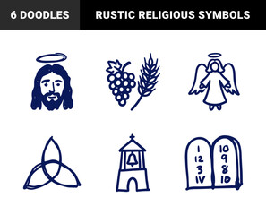 Naklejka premium Hand-drawn Christian religious symbols in a naive marker sketch style. Rustic doodle illustrations featuring Jesus, angel, eucharist, and commandments.