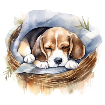 Watercolor beagle sleeping animal cartoon mammal.