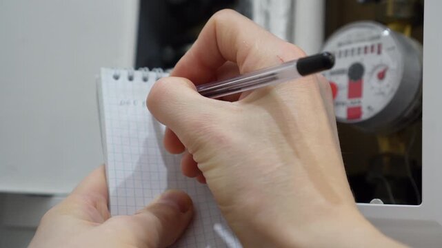 A man writes down the readings of water meters with a pen on paper. The concept of paying for utilities. Rise in price per cubic meter of water. A man takes readings from the water meter in house.  