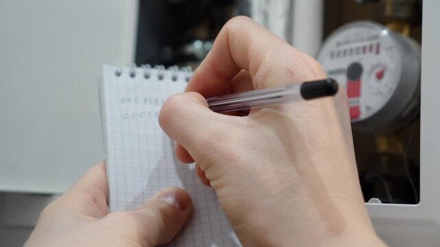 A man writes down the readings of water meters with a pen on paper. The concept of paying for utilities. Rise in price per cubic meter of water. A man takes readings from the water meter in house.  