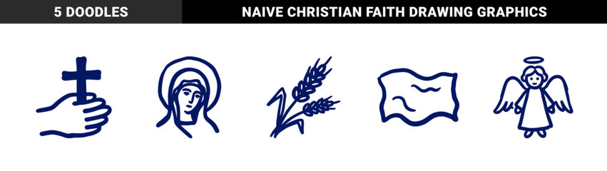 Naklejka premium Christian religious symbols and spiritual elements in naive marker sketch style. Rustic hand-drawn theology doodles for organic faith branding.