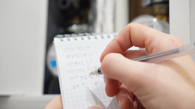 A man writes down the readings of water meters with a pen on paper. The concept of paying for utilities. Rise in price per cubic meter of water. A man takes readings from the water meter in house.  