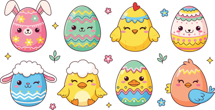 Cute Easter Egg Characters and Chicks Cartoon Collection Colorful Spring Holiday Bunny Lamb Vector Illustration Set