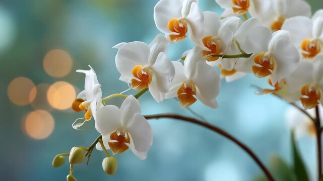 Elegant white orchids against soft blue bokeh background