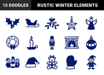 Naklejka premium Hand-drawn Christmas holiday elements for seasonal branding. Rustic naive marker sketch illustrations featuring winter celebration motifs.