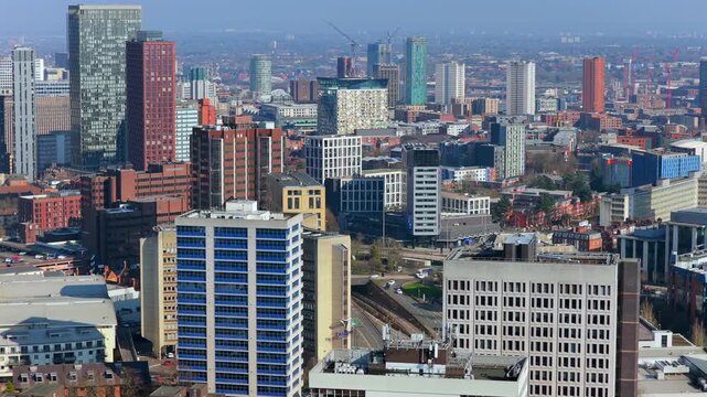 Aerial video of high-rise office and residential buildings in Edgbaston, Birmingham. 