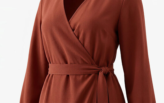 Close-up of Elegant Terracotta Wrap Dress with Belted Waist and Soft Crepe Texture on White Background