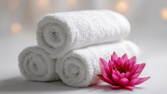 Three rolled white towels arranged neatly beside a pink lotus flower. The scene conveys a sense of tranquility and cleanliness, ideal for a spa or relaxation setting.