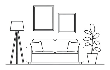 Fototapeta premium Minimalist Living Room Scene with Sofa, Lamp, and Plant