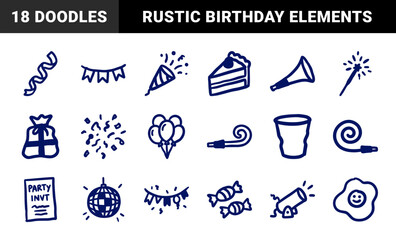 Fototapeta premium Hand-drawn party and celebration elements for festive brand identity. Naive marker sketch illustrations featuring birthday events and anniversary concepts.