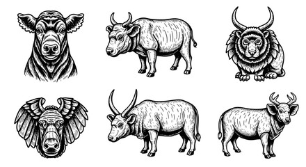 Fototapeta premium Collection of Hand-Drawn Bovine Illustrations - Detailed Engravings of Bulls and Cows.