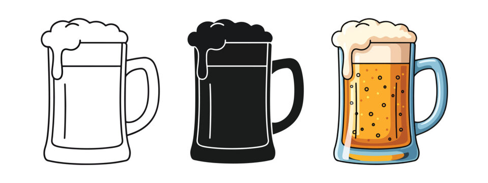 Flat Beer Mug Icons Set with Foam and Liquid Variations - Minimalist, flat icon, outline, glyph, linear, clipart, sticker - Vector icon set - Glyph icon