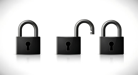 Naklejka premium Three padlocks in different states of locking and unlocking on a white surface.