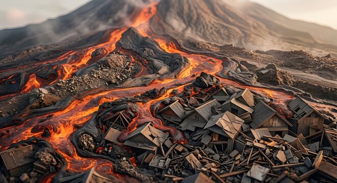 Volcanic Lahar Flow and Viscous Lava Engulfing a Ruined Settlement below an Active Mountain