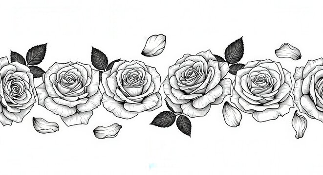 Black and white line border of blooming roses and falling petals
